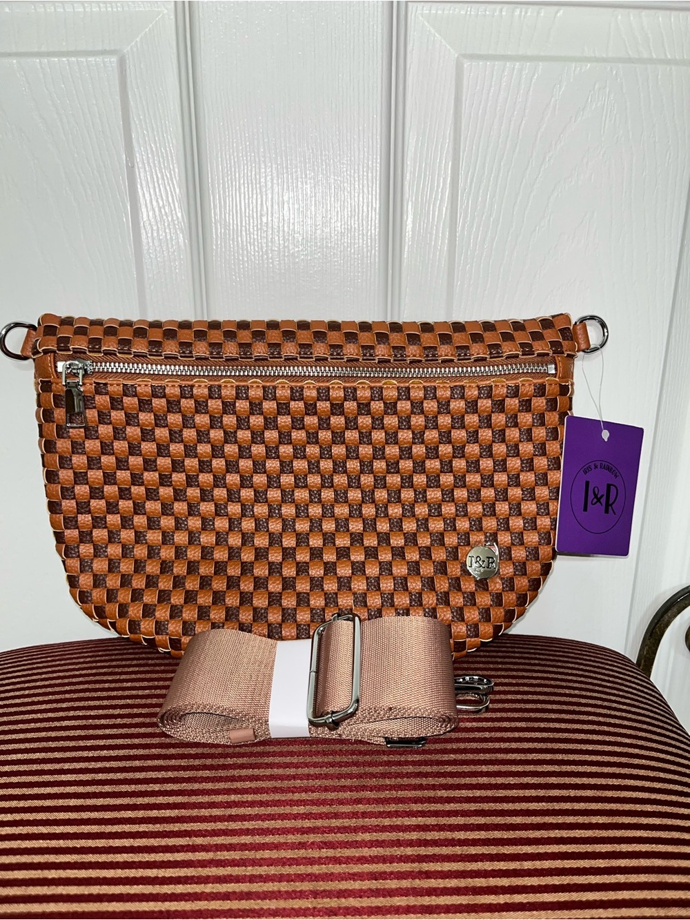 Iris & Rainbow Brown/Rust Day In Tessellate Woven Faux Leather Crossbody Bag